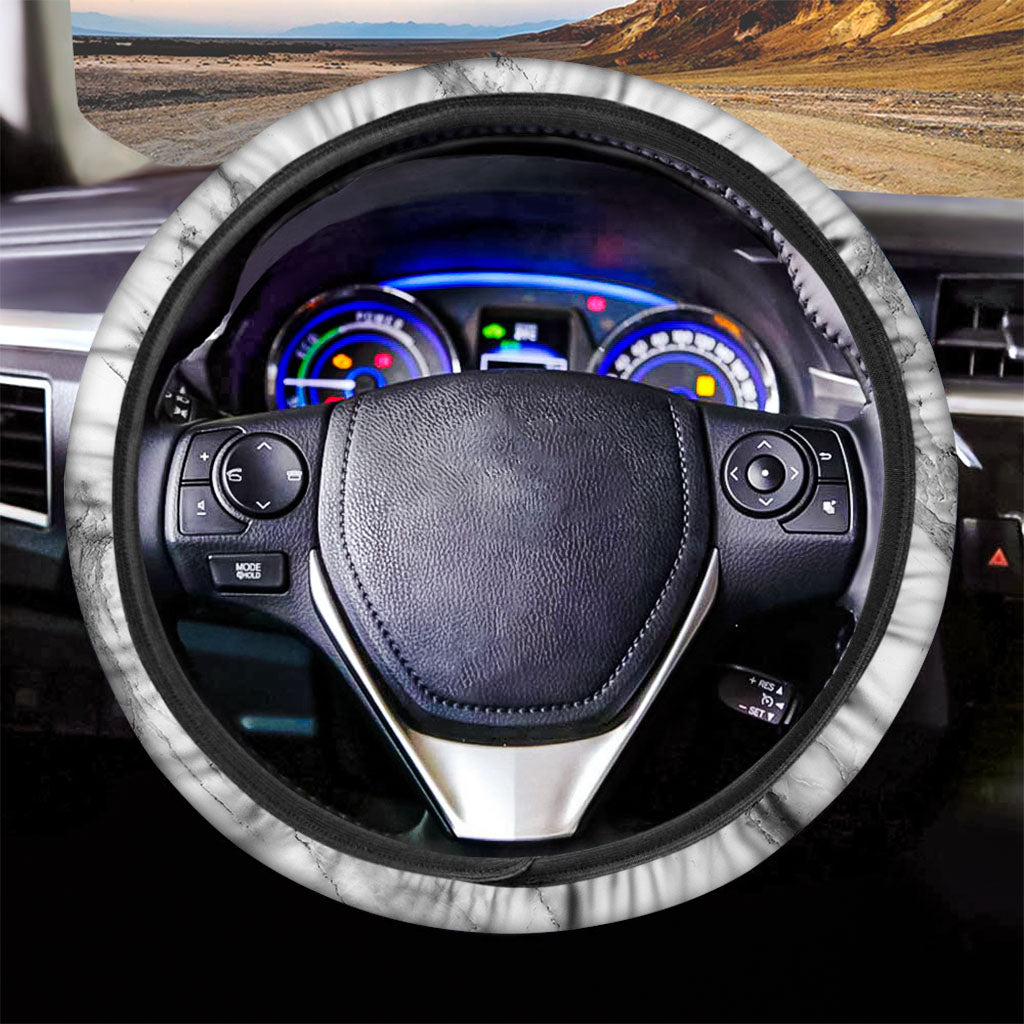 White Gray Marble Print Car Steering Wheel Cover