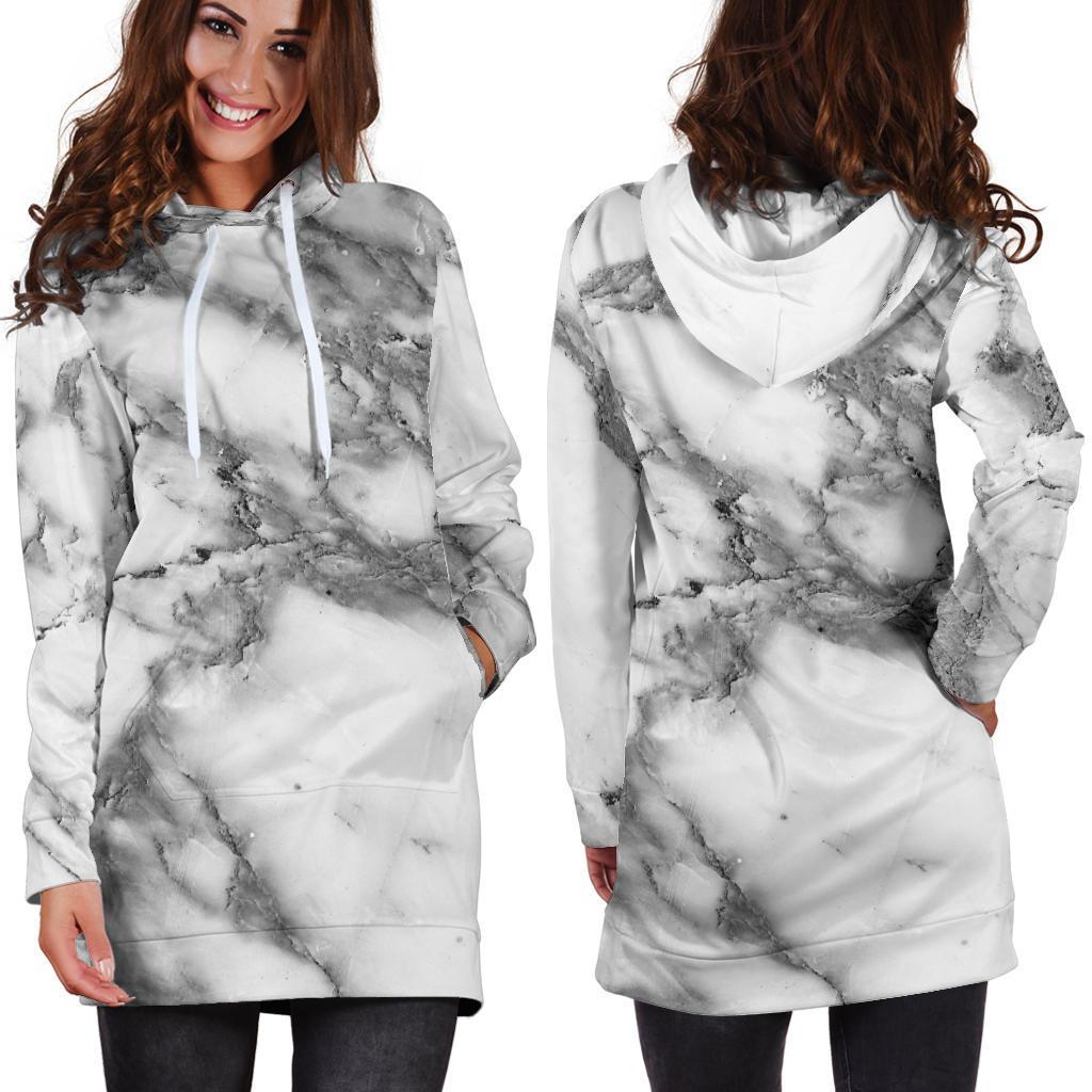 White Gray Marble Print Hoodie Dress GearFrost