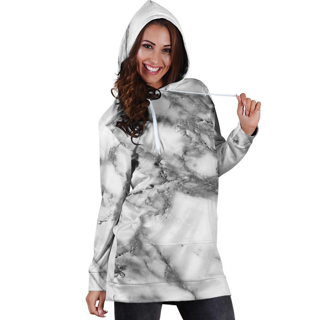 White Gray Marble Print Hoodie Dress GearFrost