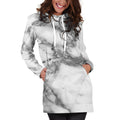 White Gray Marble Print Pullover Hoodie Dress
