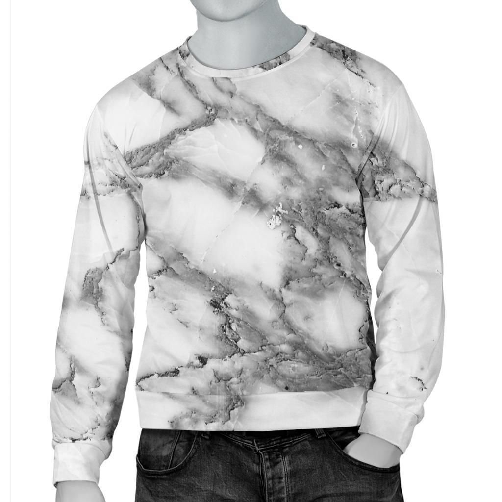 White Gray Marble Print Men's Crewneck Sweatshirt GearFrost