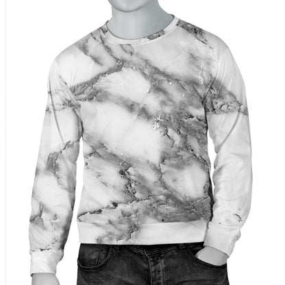 White Gray Marble Print Men's Crewneck Sweatshirt GearFrost
