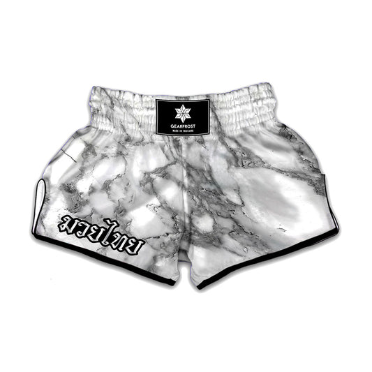 White Gray Marble Print Muay Thai Boxing Shorts