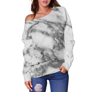 White Gray Marble Print Off Shoulder Sweatshirt GearFrost