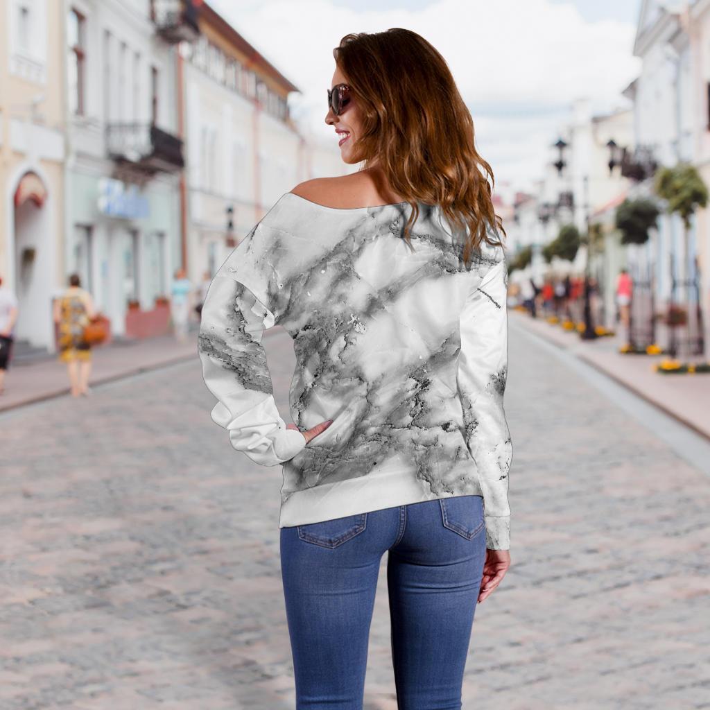 White Gray Marble Print Off Shoulder Sweatshirt GearFrost