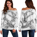 White Gray Marble Print Off The Shoulder Sweatshirt
