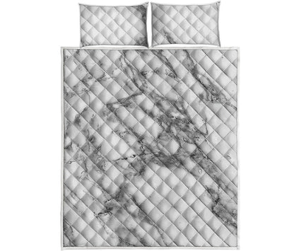 White Gray Marble Print Quilt Bed Set