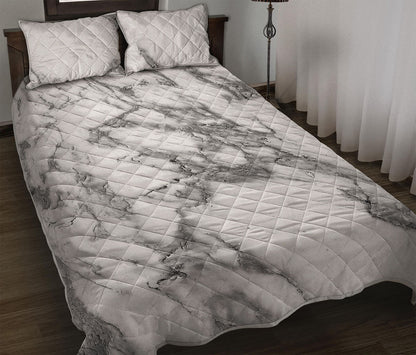 White Gray Marble Print Quilt Bed Set