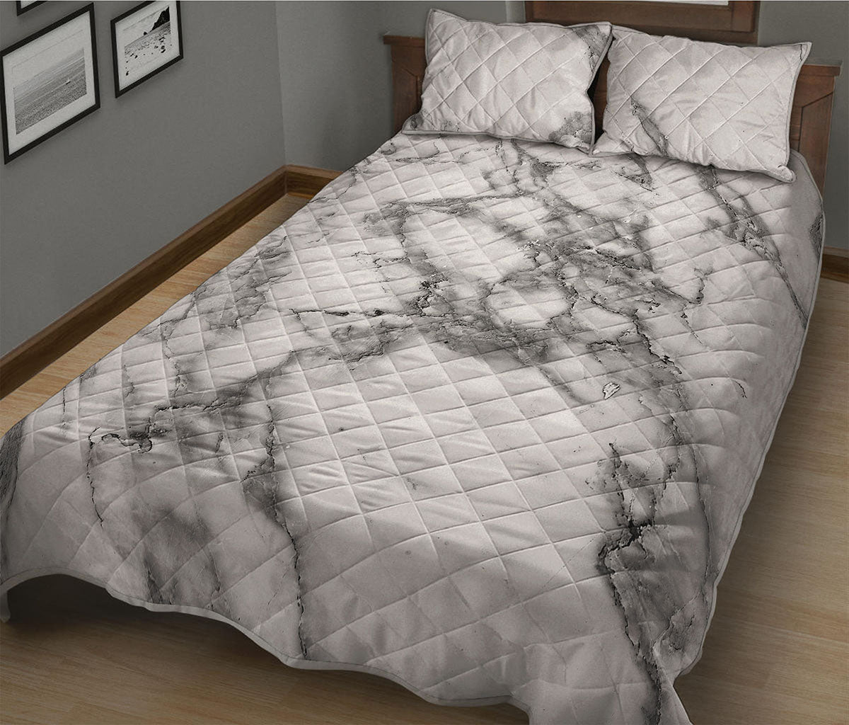 White Gray Marble Print Quilt Bed Set