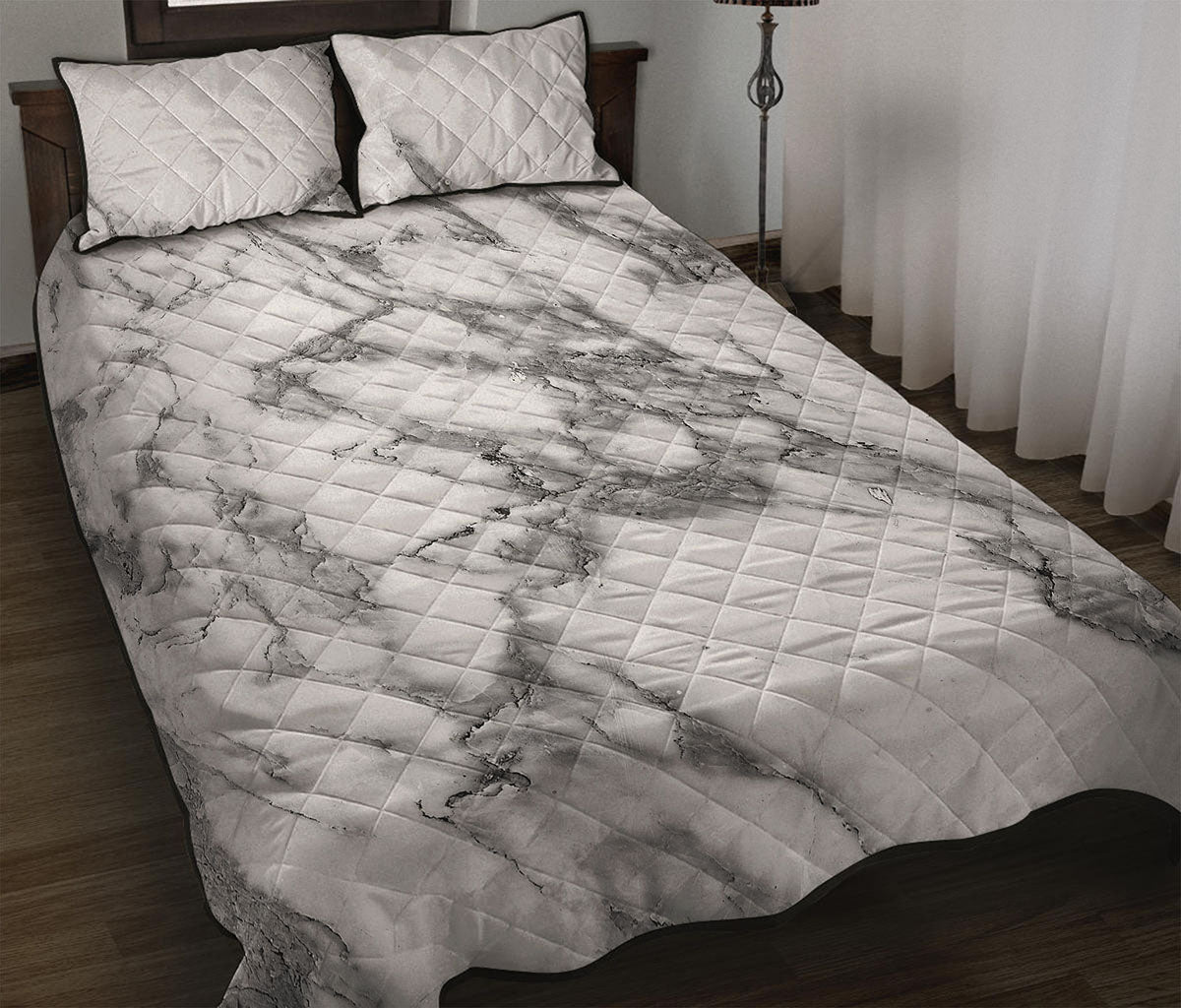 White Gray Marble Print Quilt Bed Set