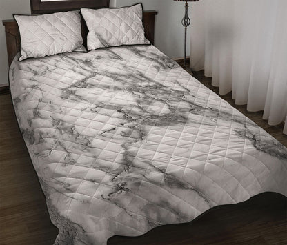 White Gray Marble Print Quilt Bed Set