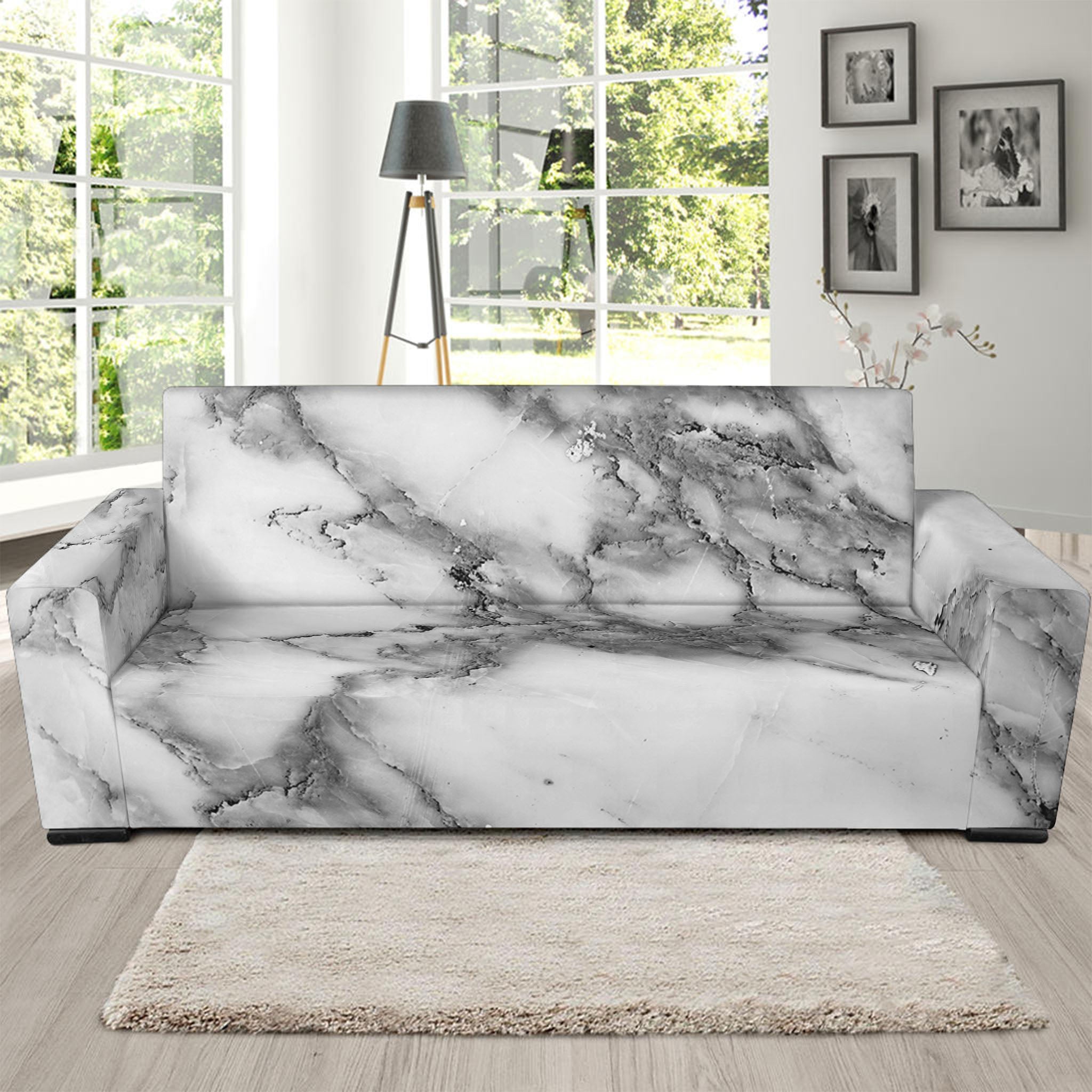 White Gray Marble Print Sofa Slipcover