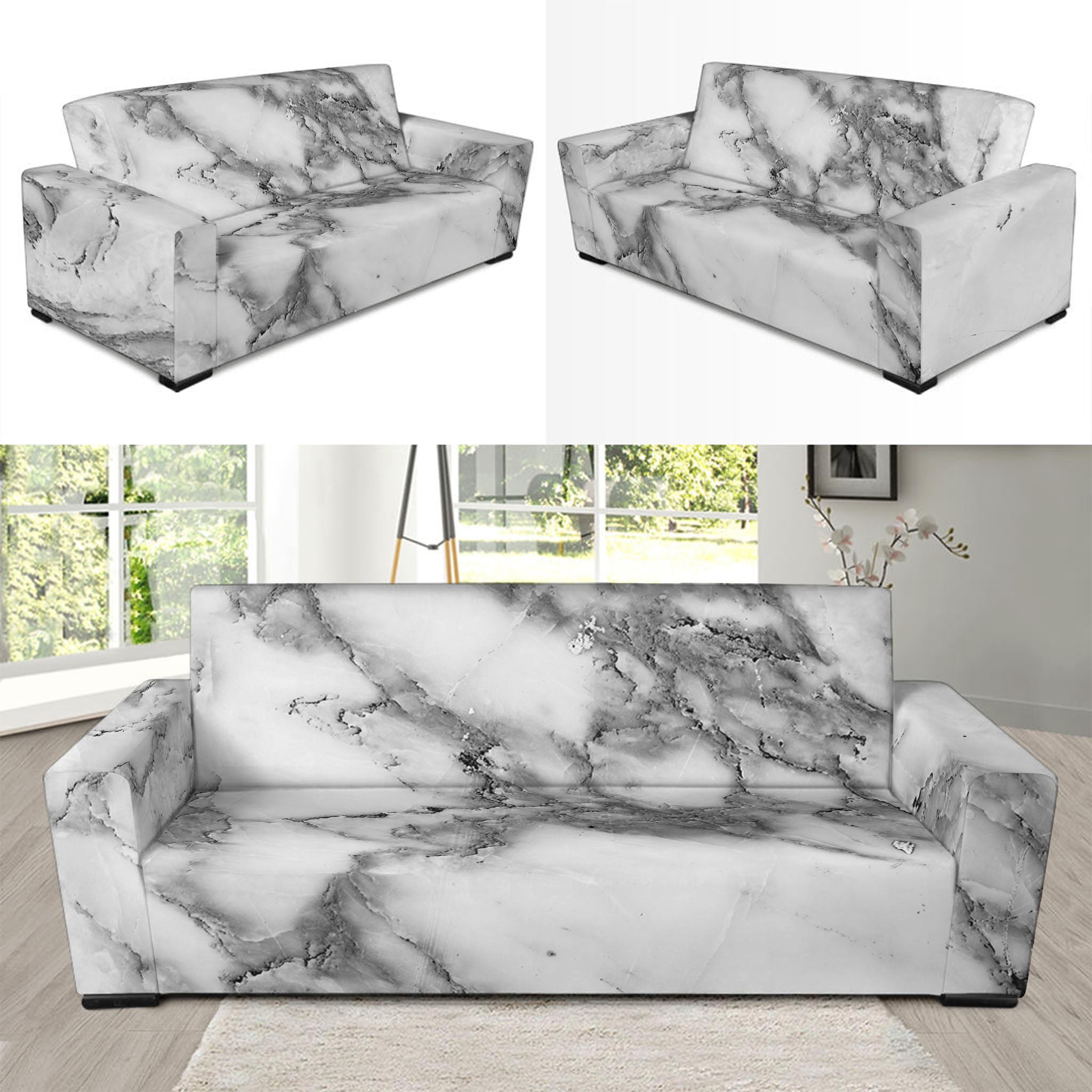 White Gray Marble Print Sofa Slipcover