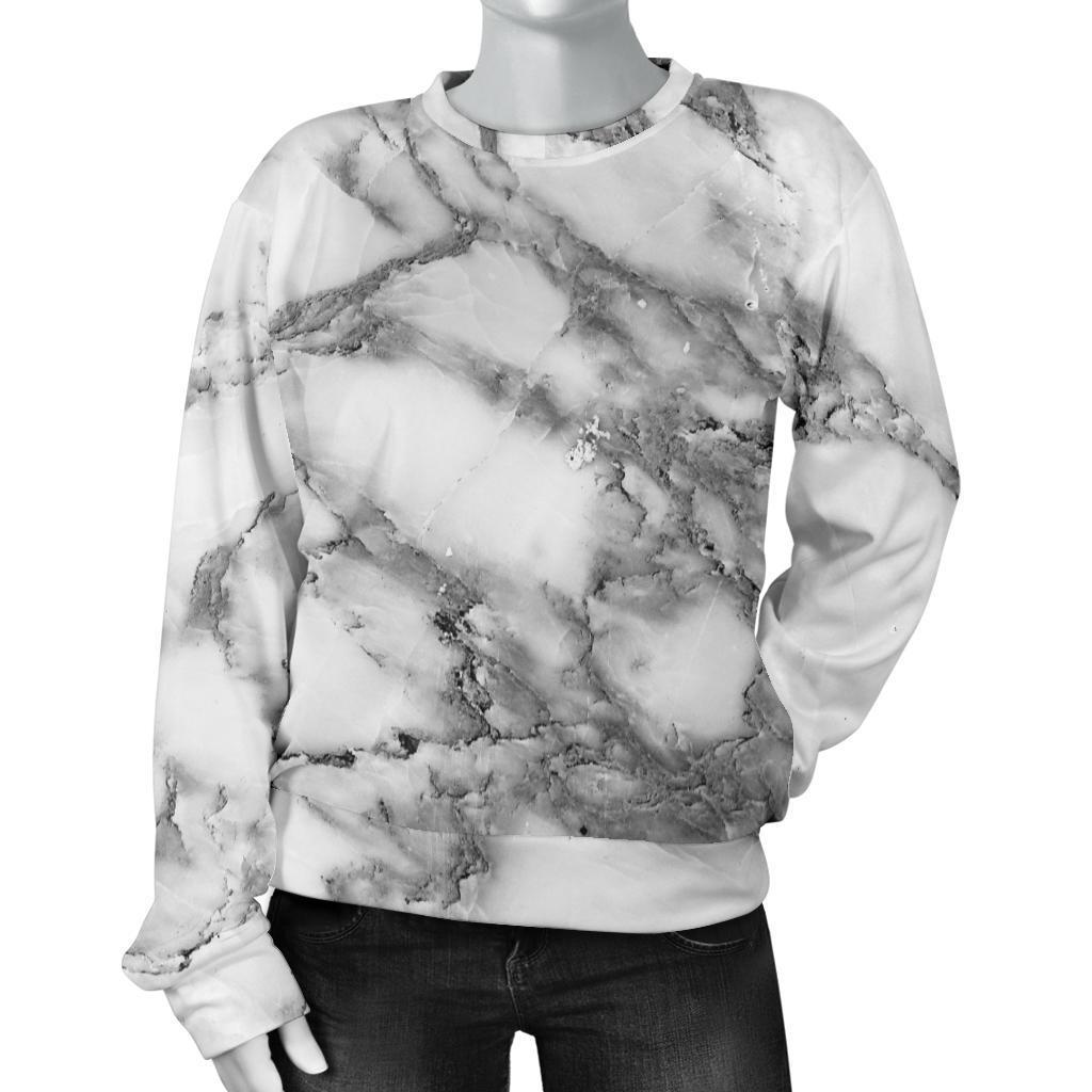 White Gray Marble Print Women's Crewneck Sweatshirt GearFrost