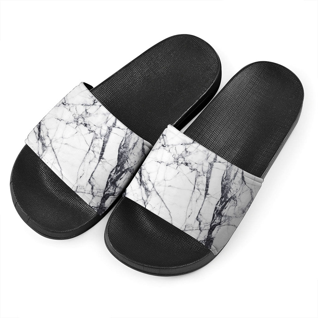 White Gray Scratch Marble Print Black Slide Sandals