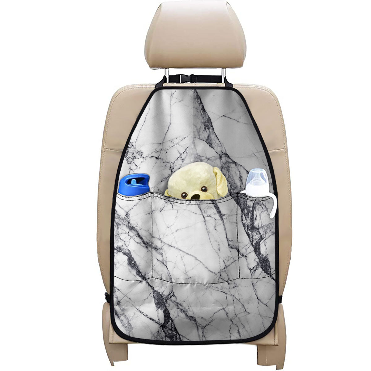 White Gray Scratch Marble Print Car Seat Organizers