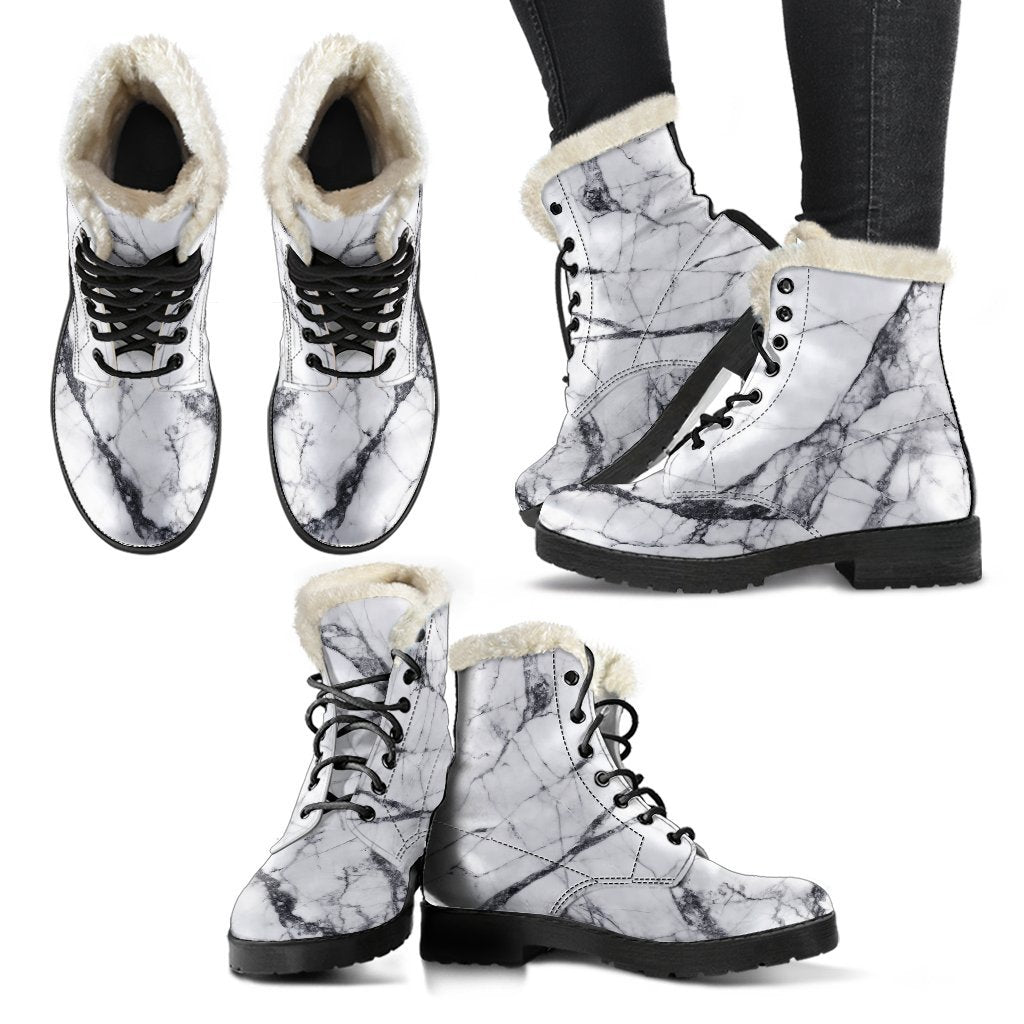 White Gray Scratch Marble Print Comfy Boots GearFrost