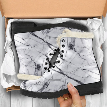 White Gray Scratch Marble Print Comfy Boots GearFrost