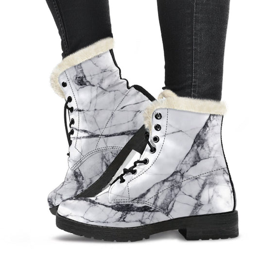 White Gray Scratch Marble Print Comfy Boots GearFrost