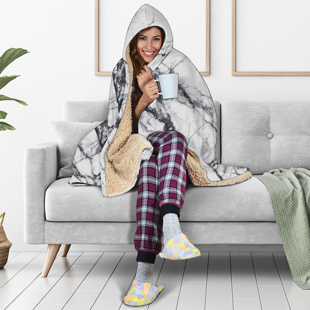 White Gray Scratch Marble Print Hooded Blanket