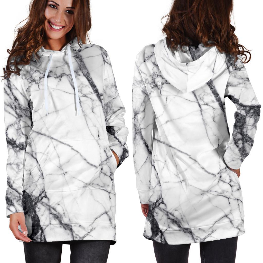 White Gray Scratch Marble Print Hoodie Dress GearFrost