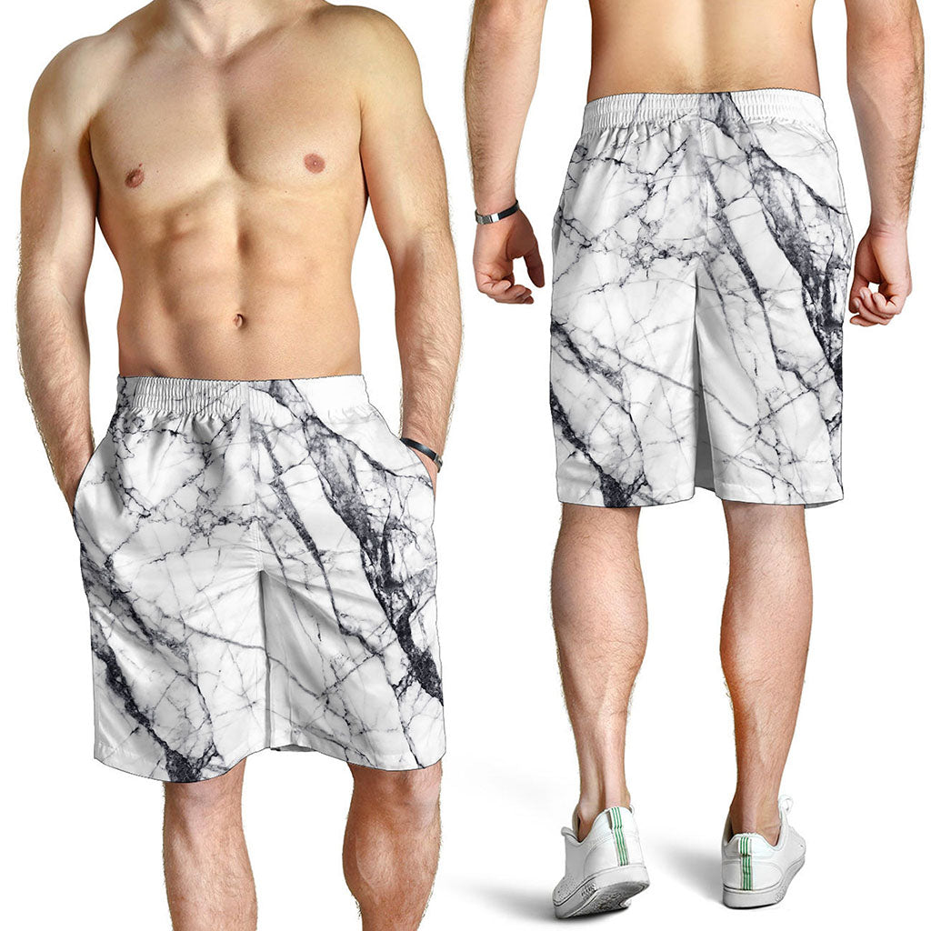 White Gray Scratch Marble Print Men's Shorts