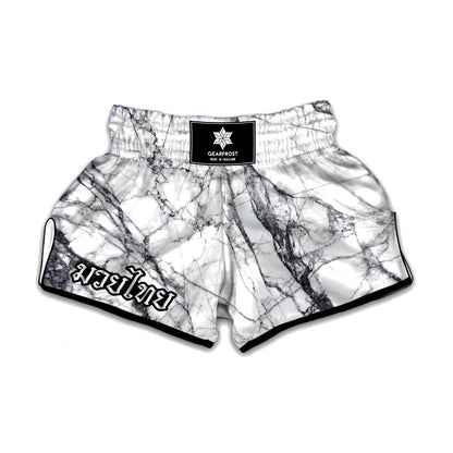 White Gray Scratch Marble Print Muay Thai Boxing Shorts