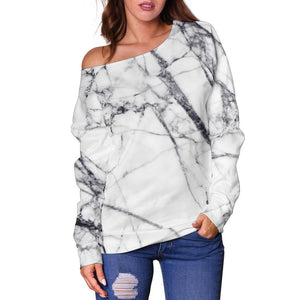 White Gray Scratch Marble Print Off Shoulder Sweatshirt GearFrost