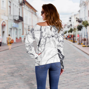 White Gray Scratch Marble Print Off Shoulder Sweatshirt GearFrost