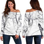 White Gray Scratch Marble Print Off Shoulder Sweatshirt GearFrost