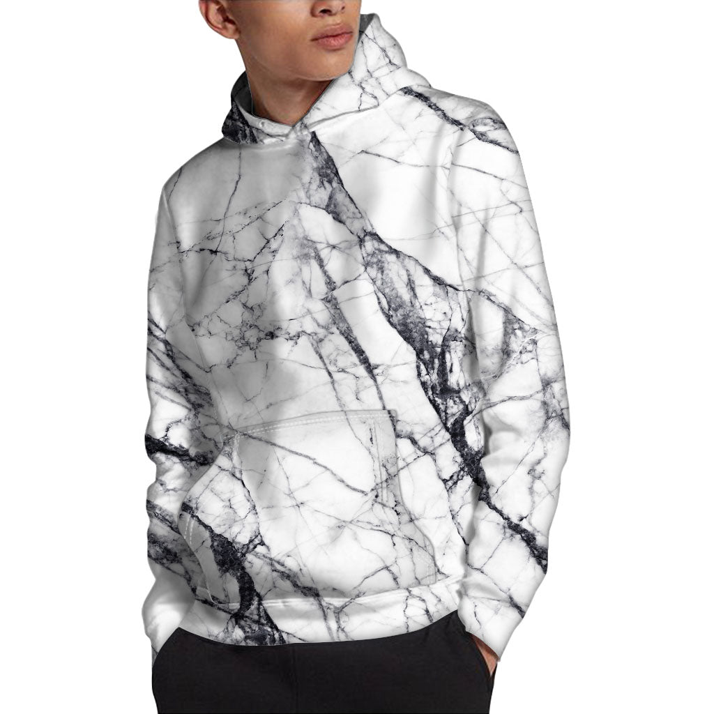 White Gray Scratch Marble Print Pullover Hoodie