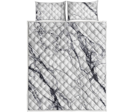 White Gray Scratch Marble Print Quilt Bed Set