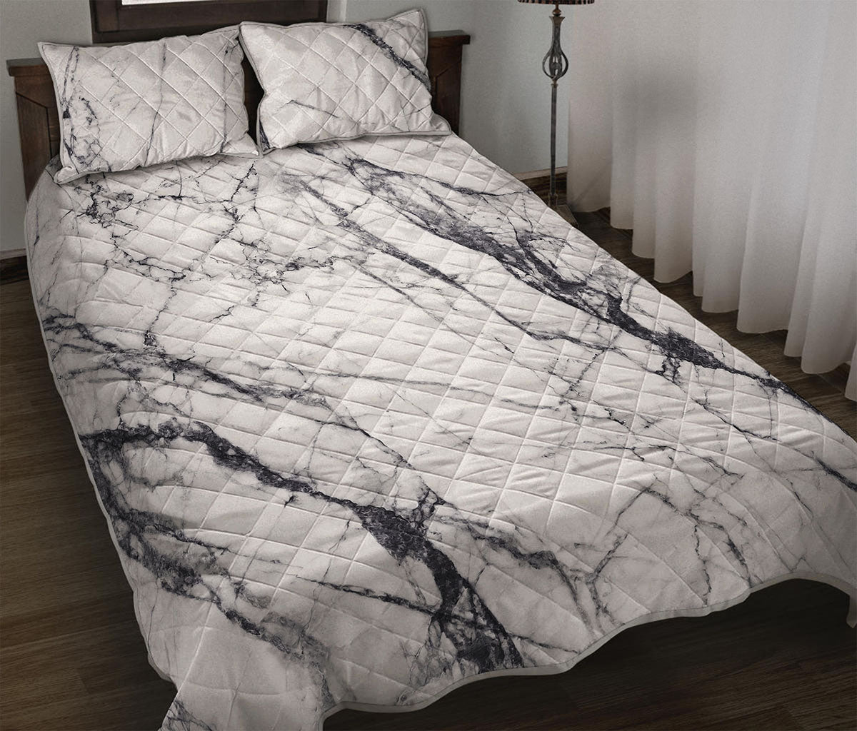 White Gray Scratch Marble Print Quilt Bed Set