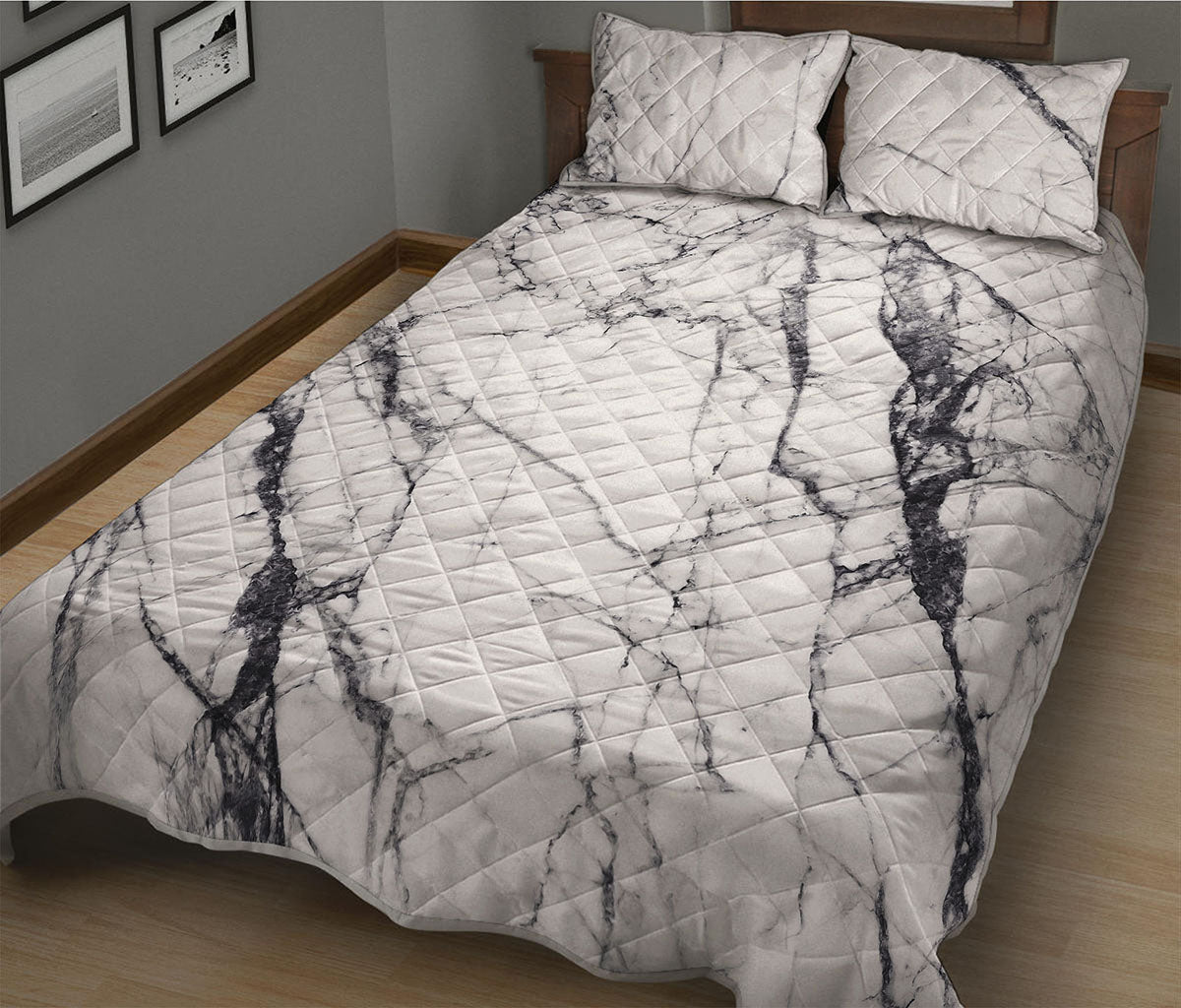 White Gray Scratch Marble Print Quilt Bed Set