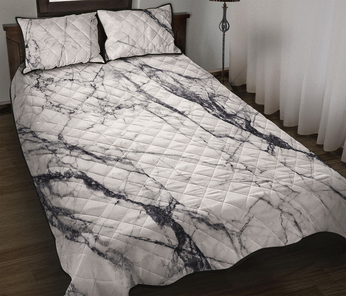 White Gray Scratch Marble Print Quilt Bed Set
