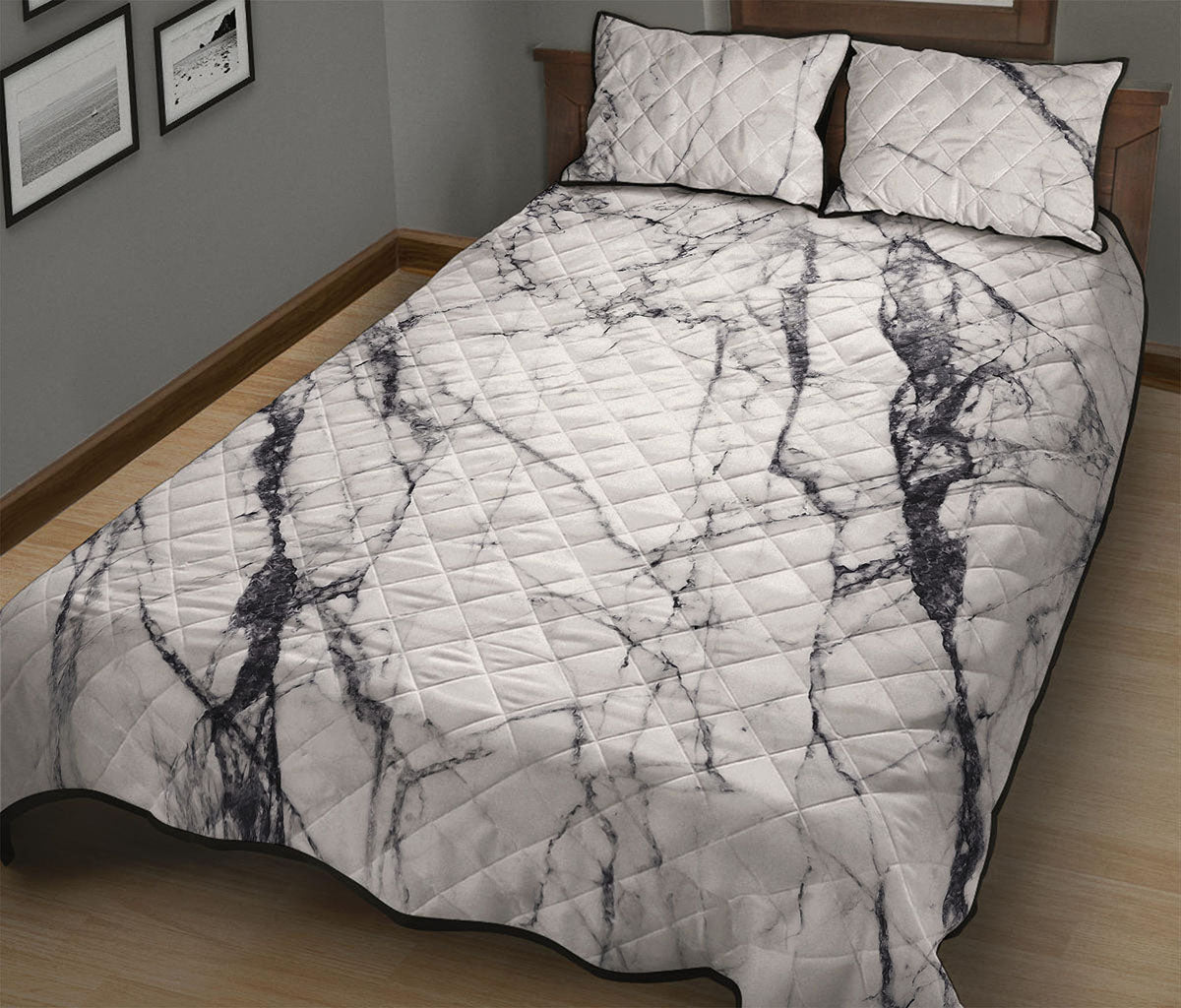 White Gray Scratch Marble Print Quilt Bed Set