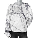 White Gray Scratch Marble Print Women's Crewneck Sweatshirt GearFrost