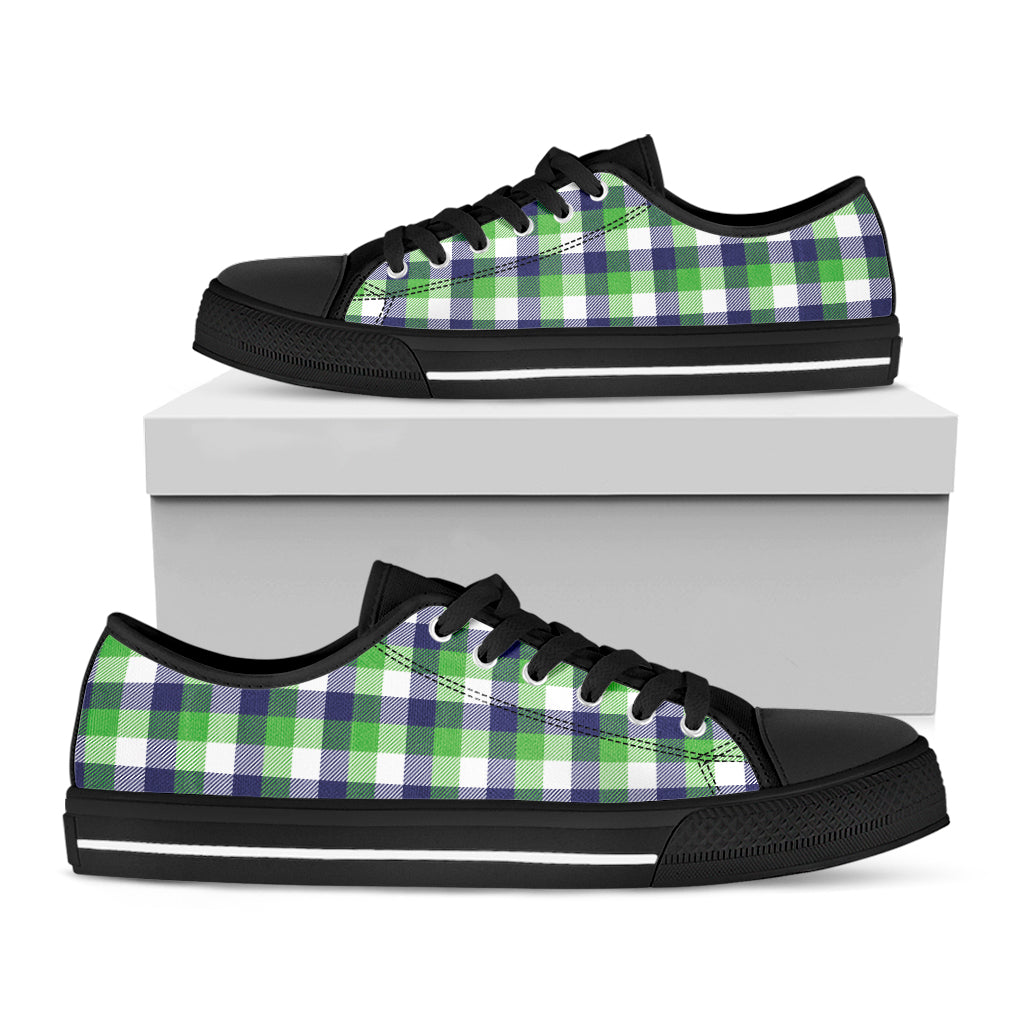 White Green And Blue Buffalo Plaid Print Black Low Top Shoes