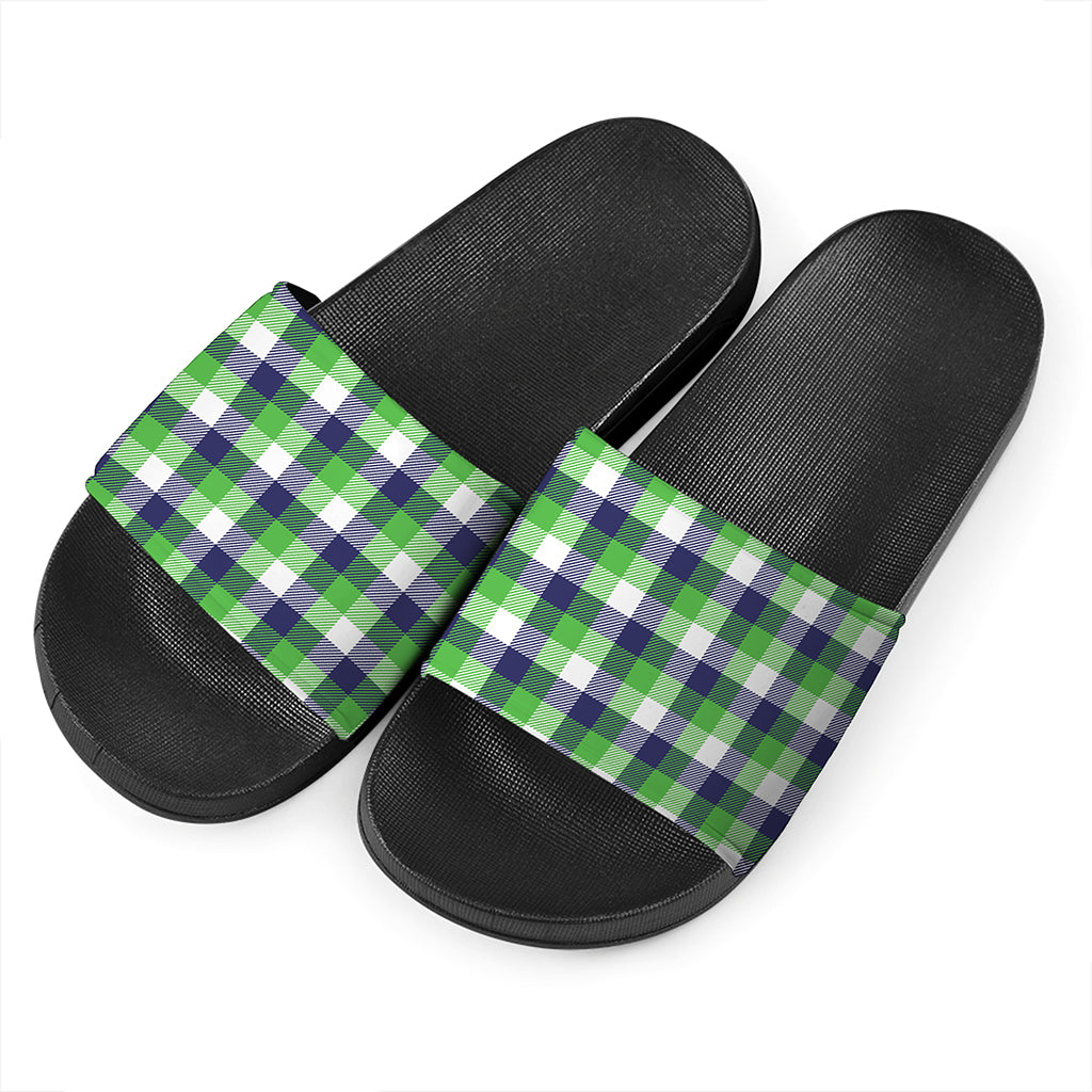 White Green And Blue Buffalo Plaid Print Black Slide Sandals