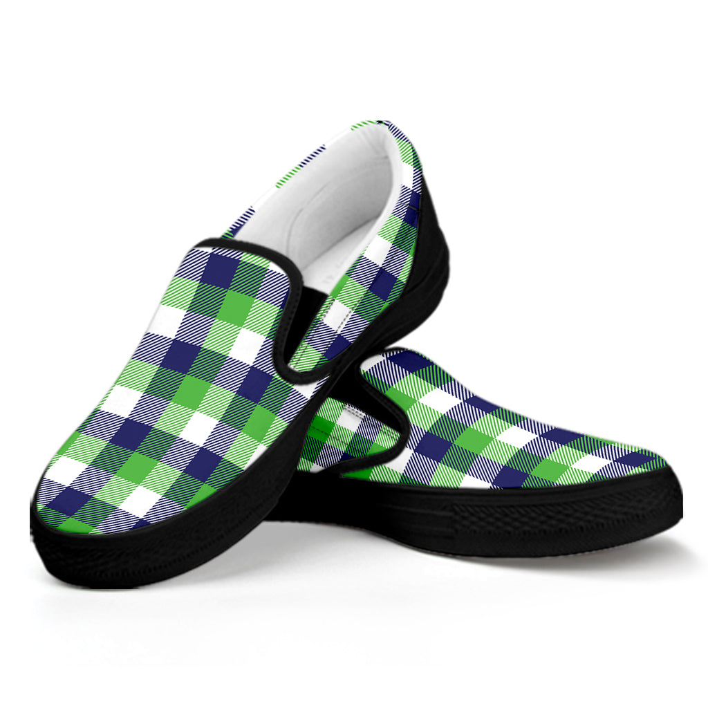 White Green And Blue Buffalo Plaid Print Black Slip On Shoes