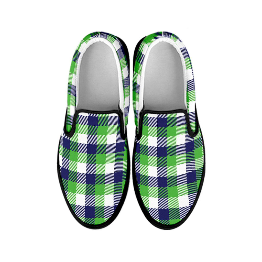 White Green And Blue Buffalo Plaid Print Black Slip On Shoes