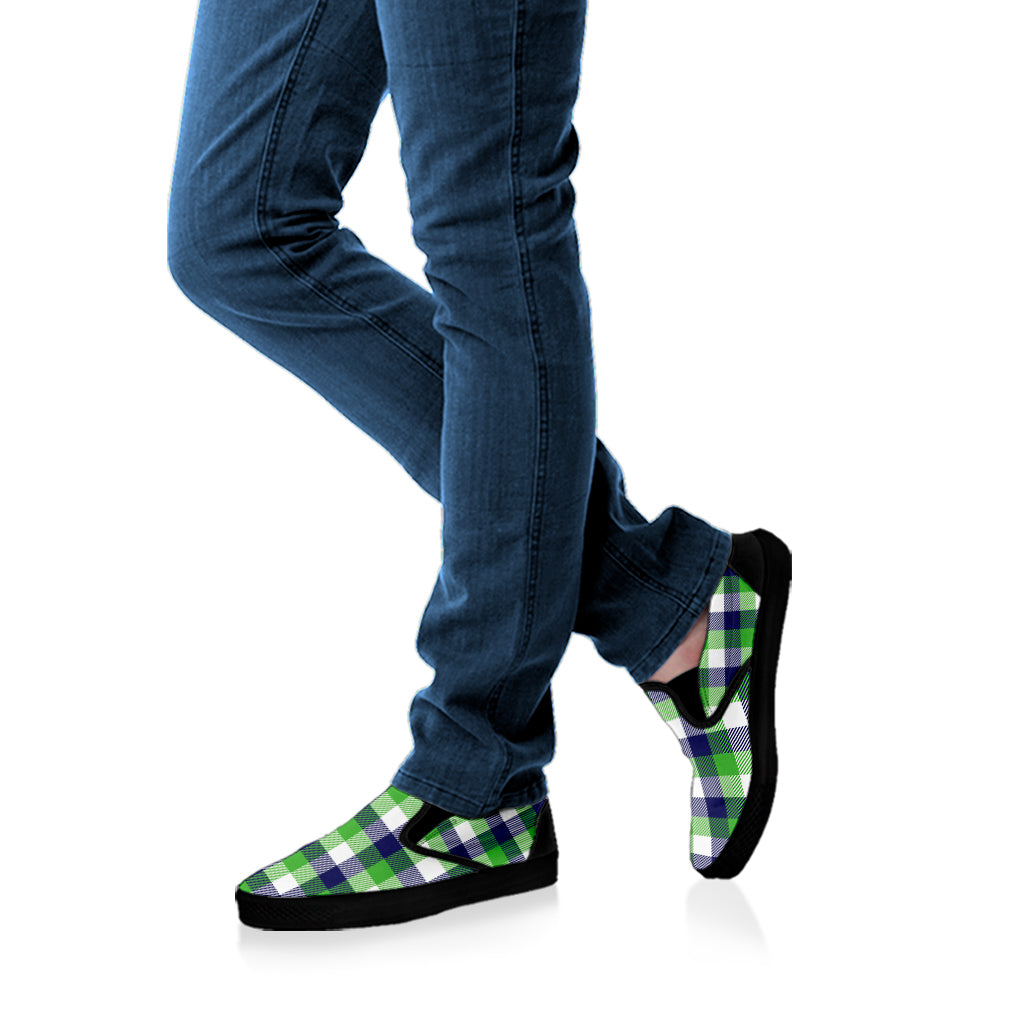 White Green And Blue Buffalo Plaid Print Black Slip On Shoes