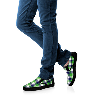 White Green And Blue Buffalo Plaid Print Black Slip On Shoes
