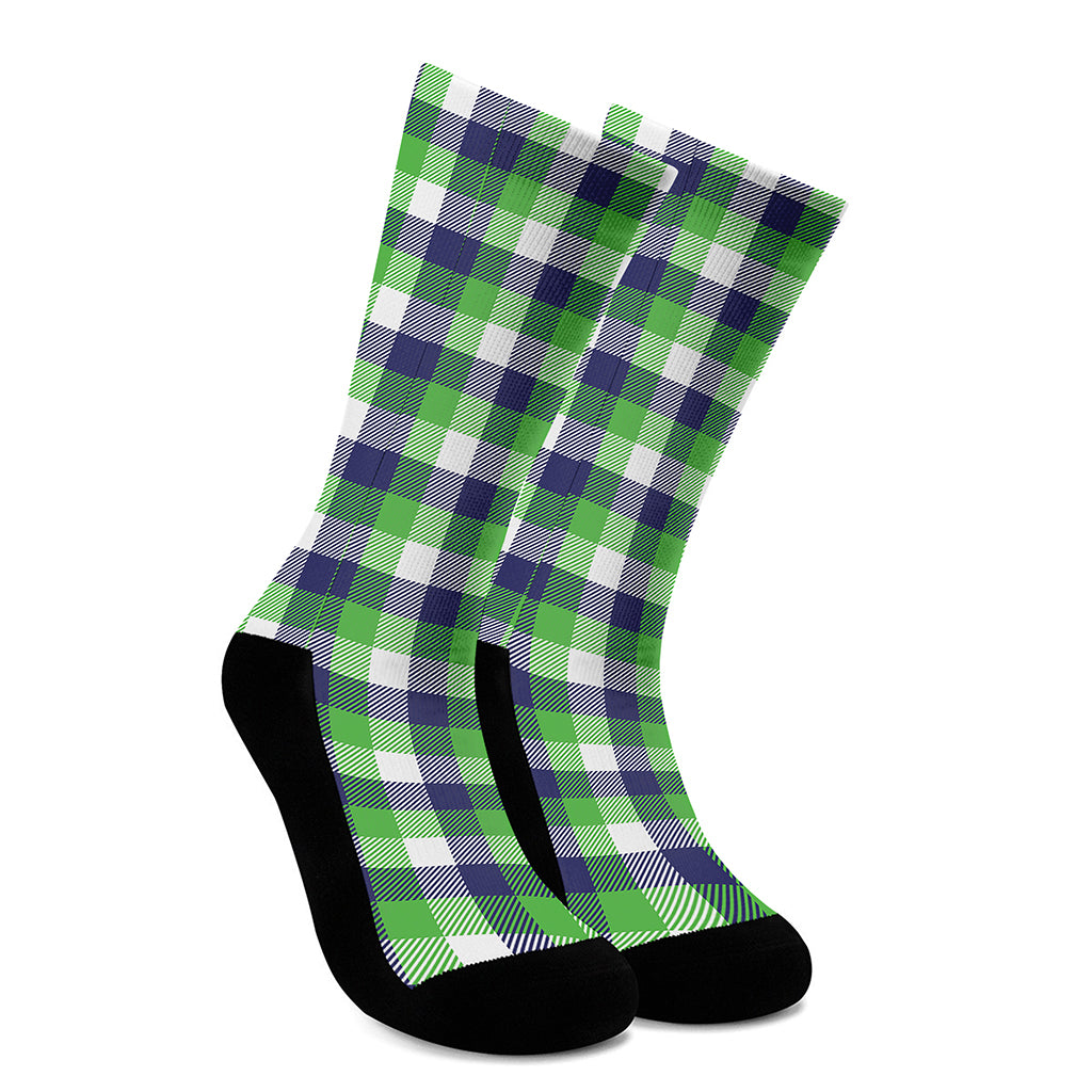 White Green And Blue Buffalo Plaid Print Crew Socks