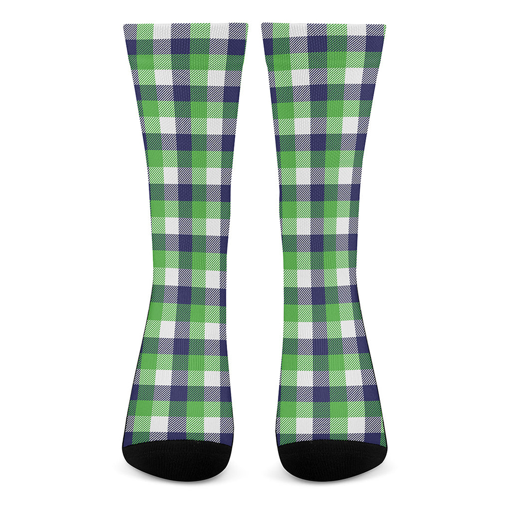 White Green And Blue Buffalo Plaid Print Crew Socks