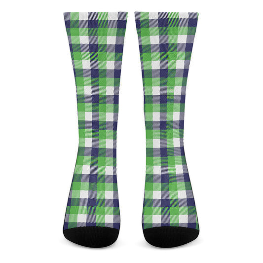 White Green And Blue Buffalo Plaid Print Crew Socks