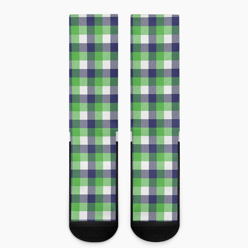 White Green And Blue Buffalo Plaid Print Crew Socks