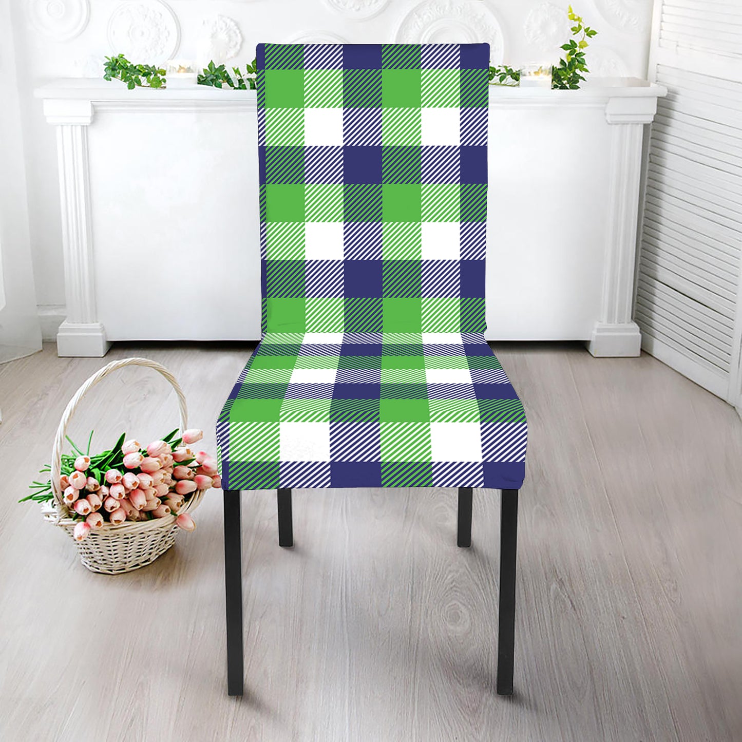 White Green And Blue Buffalo Plaid Print Dining Chair Slipcover