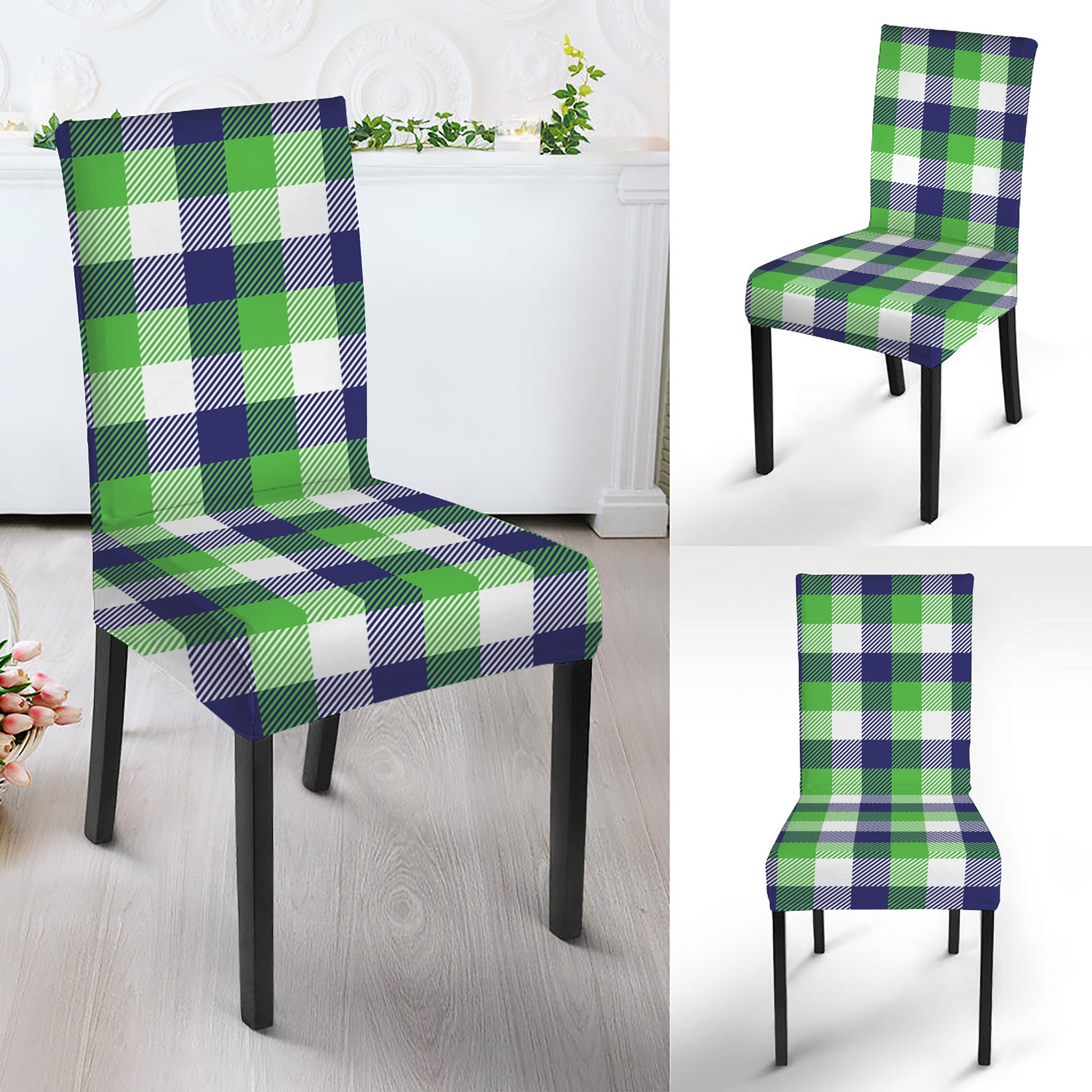 White Green And Blue Buffalo Plaid Print Dining Chair Slipcover