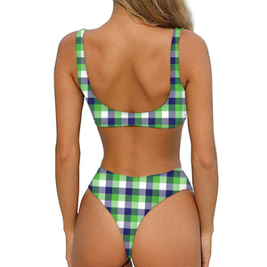 White Green And Blue Buffalo Plaid Print Front Bow Tie Bikini